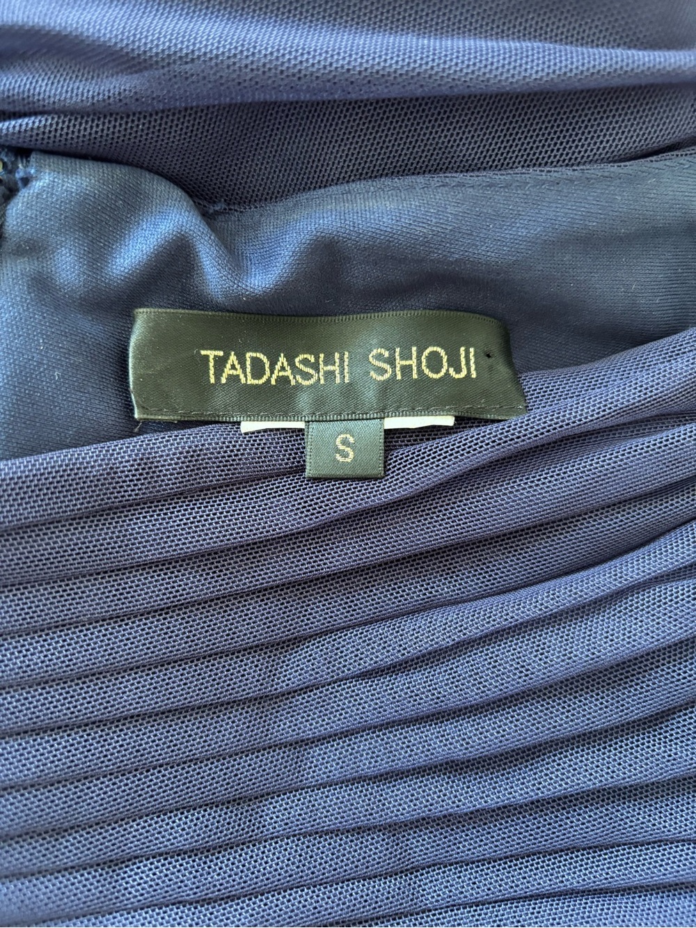 Tadashi Shoji Navy Ruched Draped Off Shoulder Formal Gown Size Small - Picture 3 of 8